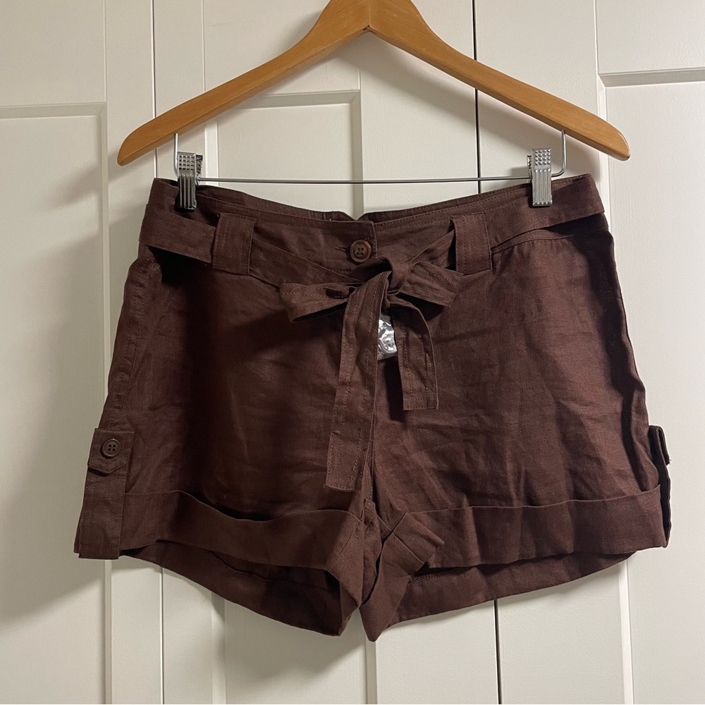 100% Linen Tie-Waist Paperbag Shorts | NWT | Chocolate Brown, 17" Waist